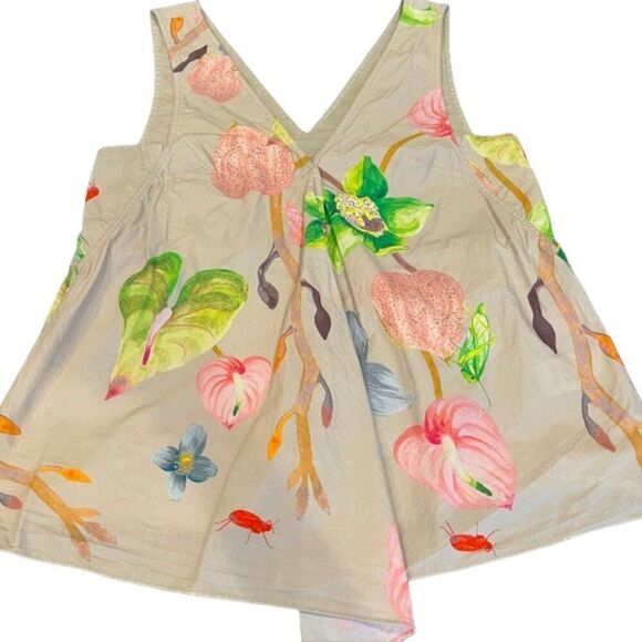 TIBI Floral Cotton Poplin Top Taupe Tropical Grasshoppers Women's Size 0 - Picture 13 of 14